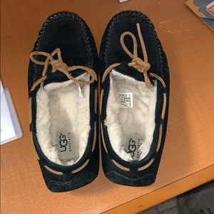 Black ugg moccasins with brown ties